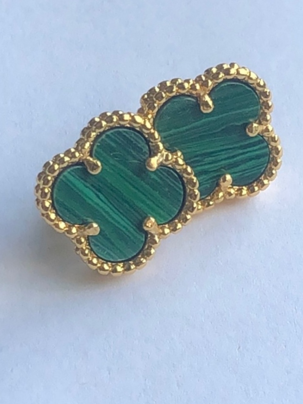 Green Malachite Clover Earrings Stud Yellow Gold filled